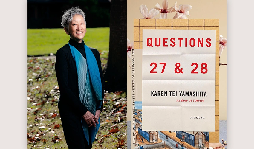 diptych with a portrait of the author to the left of the cover of her book, Questions 27 & 28